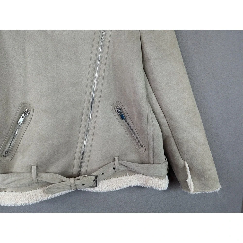 Zara Faux Leather‎ Fleece Coat Womens XL Double Faced Biker Aviator Jacket Boho - Picture 7 of 13
